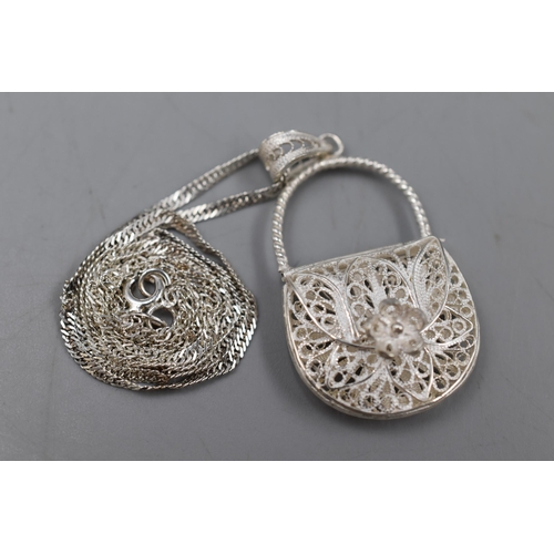 9 - Silver 925 Filigree Handbag Pendant Necklace Complete with Display Case