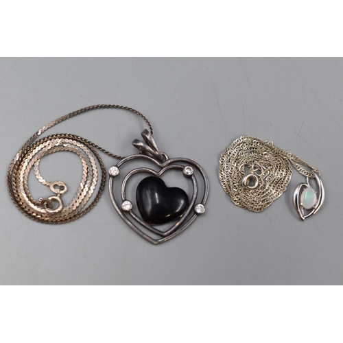 27 - Two Silver Pendants on Silver Chains, Inlcudes Heart Pendant and Pearlescent.