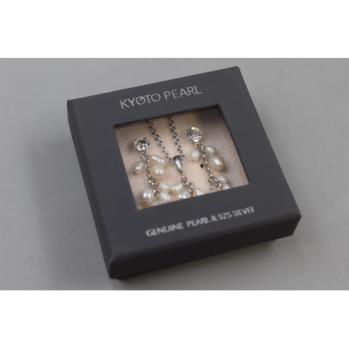 39 - KYOTO Pearl and Silver 925 Necklace and Earring Set Complete with Presentation Box