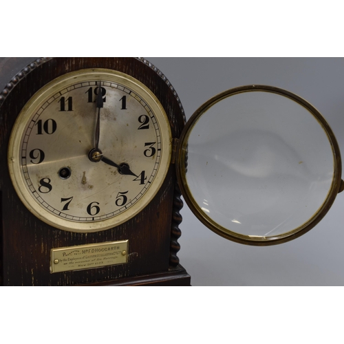 247 - A Wooden Westminster Chime Mantle Clock, With Key. Presented To Mr Hoggarth On His Marriage. Approx ... 