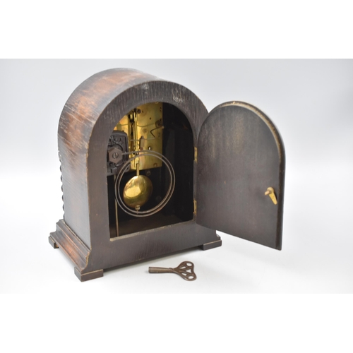 247 - A Wooden Westminster Chime Mantle Clock, With Key. Presented To Mr Hoggarth On His Marriage. Approx ... 