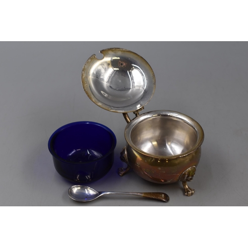 4a - Hallmarked Birmingham Silver Condiment pots with Silver spoons and Cobalt Blue Glass Liners together... 