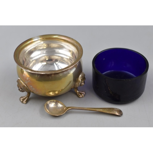 4a - Hallmarked Birmingham Silver Condiment pots with Silver spoons and Cobalt Blue Glass Liners together... 