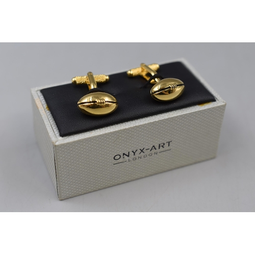 89 - Pair of ' Onyx-Art ' of London Gold Plated Cufflinks in Rugby Ball Design with Original Box