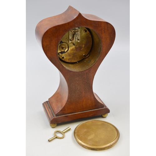 107 - A Wooden Inlaid Edwardian Mantle Clock, With Key and Presentation Plaque. Approx 10