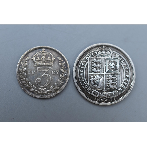 130 - Two Victorian Silver Coins. 1887 Sixpence and 1887 Threepence.