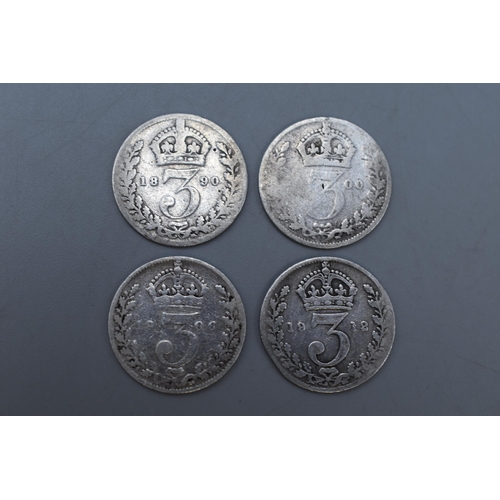 134 - Four UK Silver Threepenny Coins. 1890 - 1912