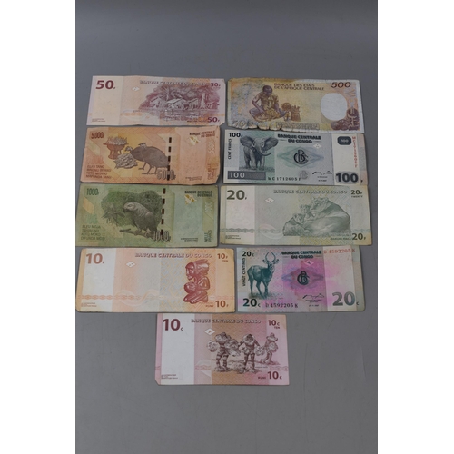 140 - A Selection of Nine Congo Banknotes.