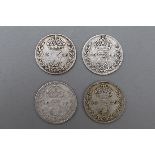 144 - Four Silver UK Threepenny Coins (George V), 1916 - 1920.