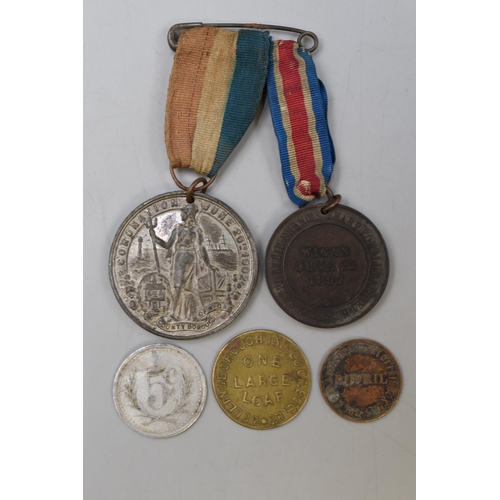 147 - Two Wigan Medals With Original Ribbons, With Three Assorted Tokens.