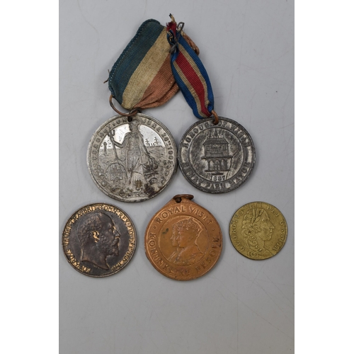 148 - Two Wigan Medals, A South Africa Medal And Two Coins.