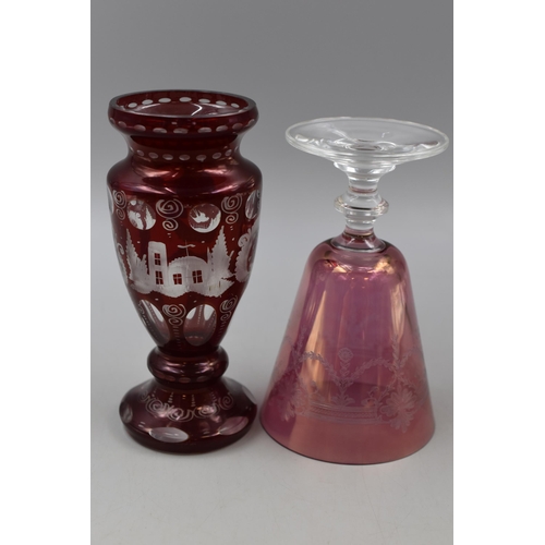 190 - Antique Cranberry etched Glass vase and one other etched glass