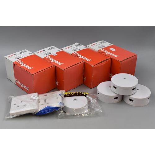 584 - Four Boxes of 10 Base Plates for Bathroom Shaver Sockets, Three Junction Boxes, Ceiling Rose and Two... 