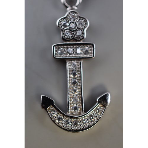 69 - A 925. Silver Clear Stoned Anchor Pendant, On 925 Silver Chain. With Presentation Box.