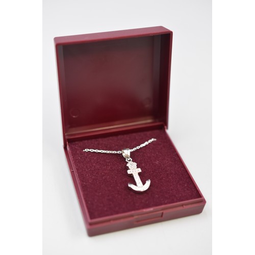 69 - A 925. Silver Clear Stoned Anchor Pendant, On 925 Silver Chain. With Presentation Box.