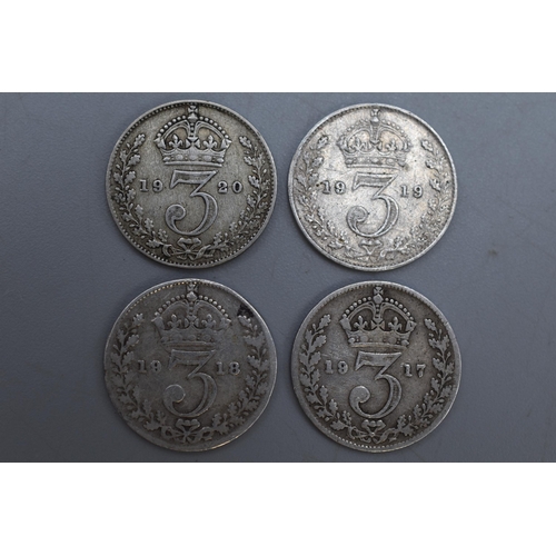 160 - Four Silver Three Pence Pieces - 1917,1918,1919,1920