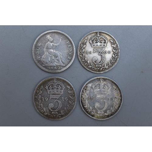 161 - Four Coins to Include Groat 1843 and Three 1908, 1916, 1918