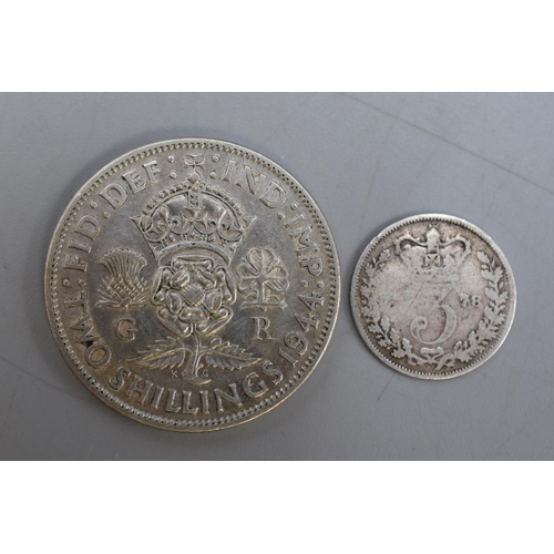 165 - Two Coins To Include Two Shilling 1944 and 1878 Three Pence