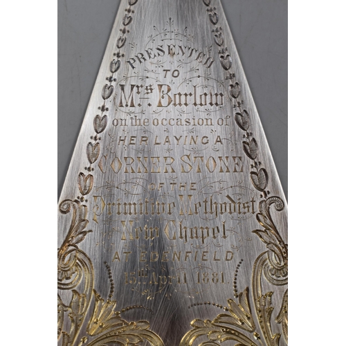 15 - Hallmarked Silver 1881 engraved Trowel Presented for laying a cornerstone of The Primitive Methodist... 