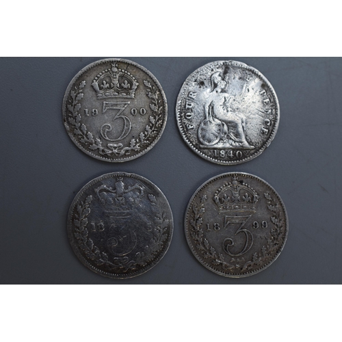 171 - Four Coins to Include 1840 Groat and Three 3 Pence Coins 1875, 1899 and 1900