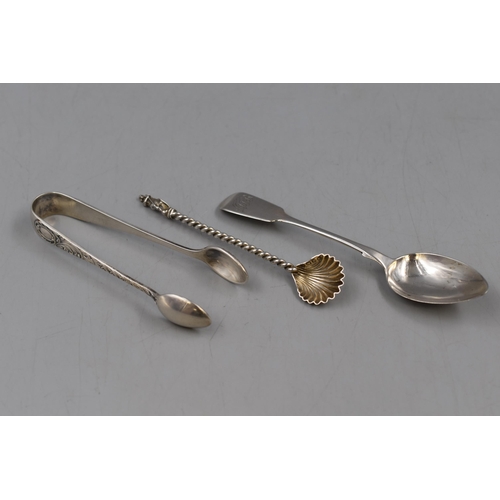 22 - Two Victorian Hallmarked Silver Spoons and a Pair of Hallmarked Sheffield Sugar Tongues