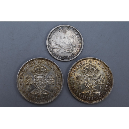 192 - Three Silver Coins including George V and 1914 French 1 Franc