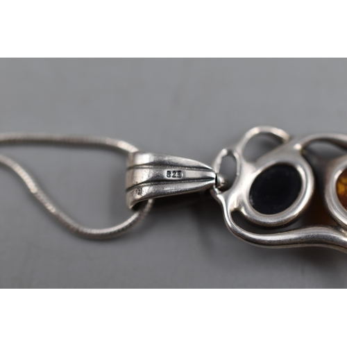 46 - Silver 925 Amber Stoned Pendant Necklace