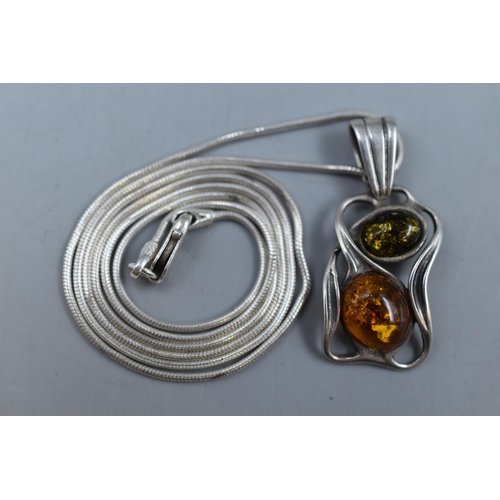 46 - Silver 925 Amber Stoned Pendant Necklace