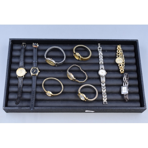 62 - A Tray of Ten Assorted Womens Watches. Includes Sekonda, Geneva, Montine and More.