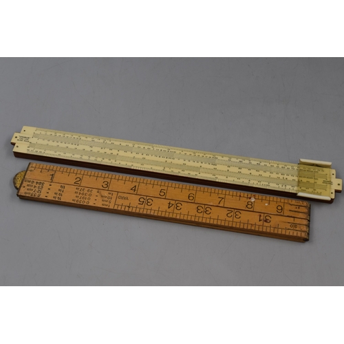 293 - Vintage Caliper in a Vintage Wood Ground Square Box, Sliding Rule and Folding Wood Ruler