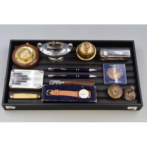 121 - Mixed Collectors Tray including Watch, Clinometer, Genie Lighter, Pocket Knife and More