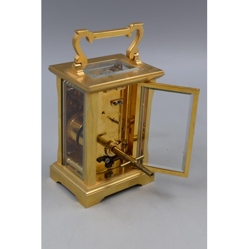 222 - Mappin & Webb Brass Carriage Clock with Key, Working When Tested approx 13cm in Height x  8 cm in Wi... 