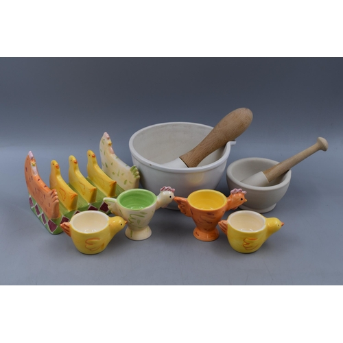 426 - Ceramic Mortar and Pestle set with Ceramic Toast Rack and Four Egg Cups