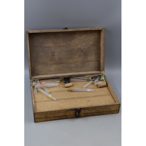 435 - Double Tier Wooden Anglers Box Containing Floats and Garcia Mitchell 300 Fishing Reel