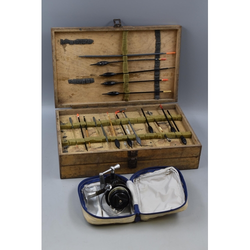 435 - Double Tier Wooden Anglers Box Containing Floats and Garcia Mitchell 300 Fishing Reel