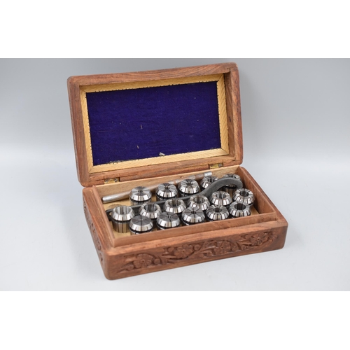 439 - Collection of 16 Milling Machine Bit Collets in a Hand Carved Storage Box