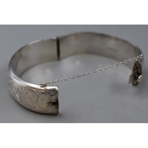 47 - Hallmarked Birmingham Silver Etched Bangle with Safety Chain