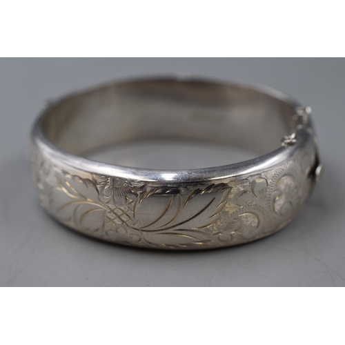 47 - Hallmarked Birmingham Silver Etched Bangle with Safety Chain