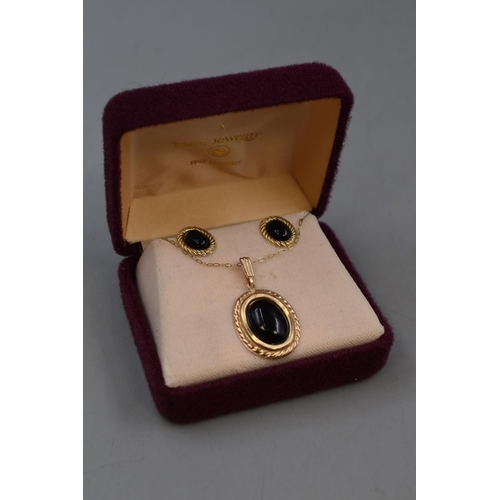 58 - Gold 9ct Black Stoned Necklace and Earring Set Complete with Presentation Box