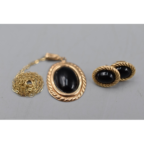 58 - Gold 9ct Black Stoned Necklace and Earring Set Complete with Presentation Box