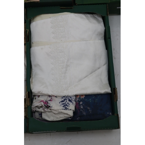 504 - Five Boxes of Assorted Fabrics. Includes Curtains, Table Ware, Linens and More.