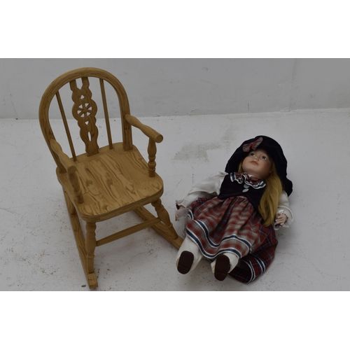 598 - Small Hand Made Wooden Rocking with Seated Doll with Porcelain, Head, Hands and Feet with Traditiona... 