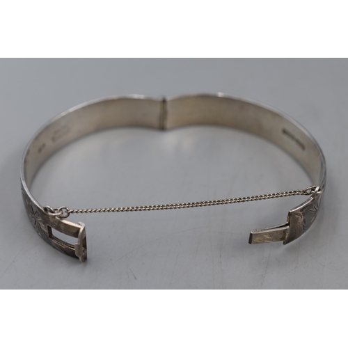 41 - Hallmarked Birmingham Silver Etched Bangle with Safety Chain