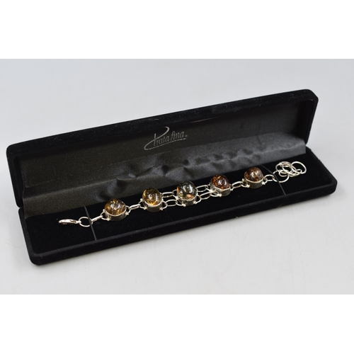 43 - A 925. Silver and Amber Stoned Bracelet, With Presentation Box.