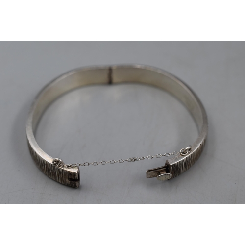 44 - Hallmarked Birmingham Silver Etched Bangle with Safety Chain