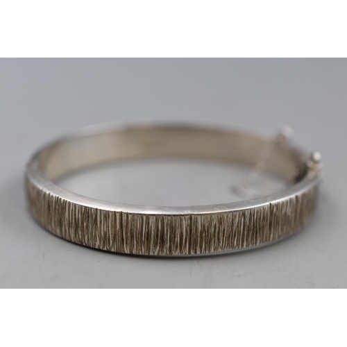 44 - Hallmarked Birmingham Silver Etched Bangle with Safety Chain