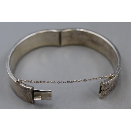 46 - Chester Hallmarked Silver Etched Bangle Complete with Safety Chain