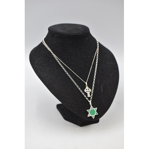 58 - Silver 925 Star of David Malachite Pendant Necklace and a Celtic Cross Pendant Necklace