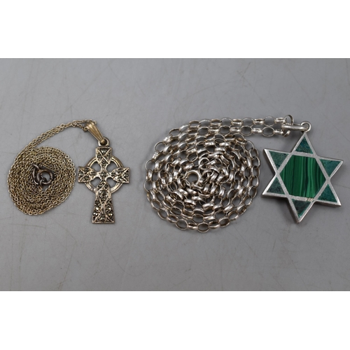 58 - Silver 925 Star of David Malachite Pendant Necklace and a Celtic Cross Pendant Necklace