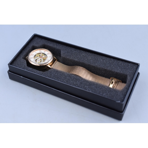 110 - Brand New Gold Plated water resistant Kinetic Skeleton Watch in gift box